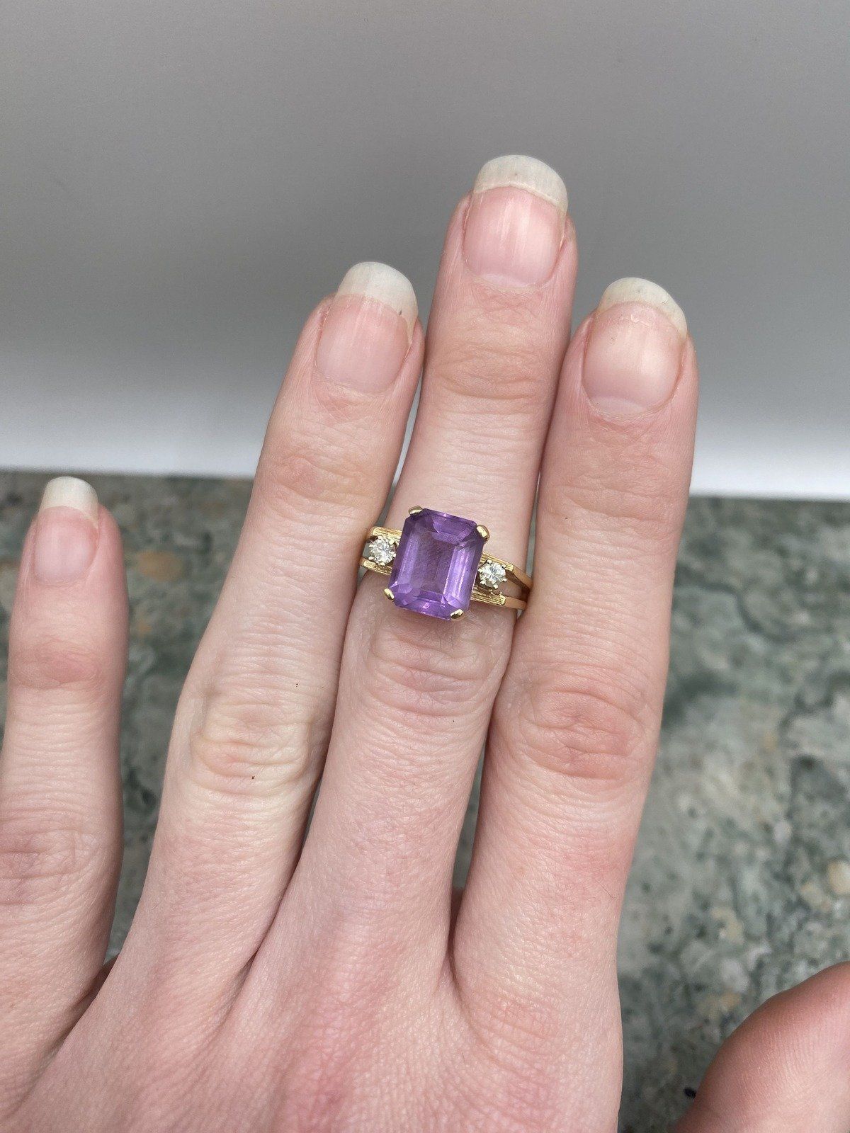 14k Gold Radiant Cut Amethyst Ring w Diamond Side Details 4