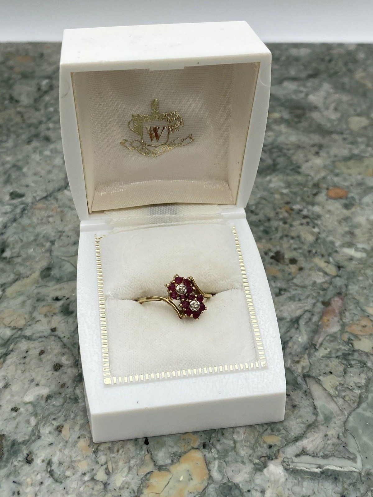 Vintage 10k Gold Ruby Double Flower Bypass Ring w Diamond Centers #2768 12