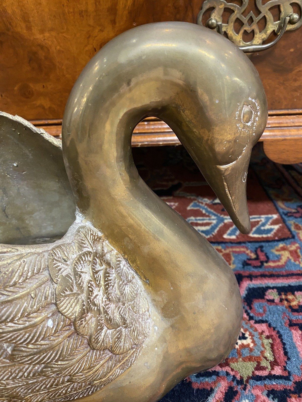Vintage Large HEAVY Solid Brass Figural Swan Floor Planter 3