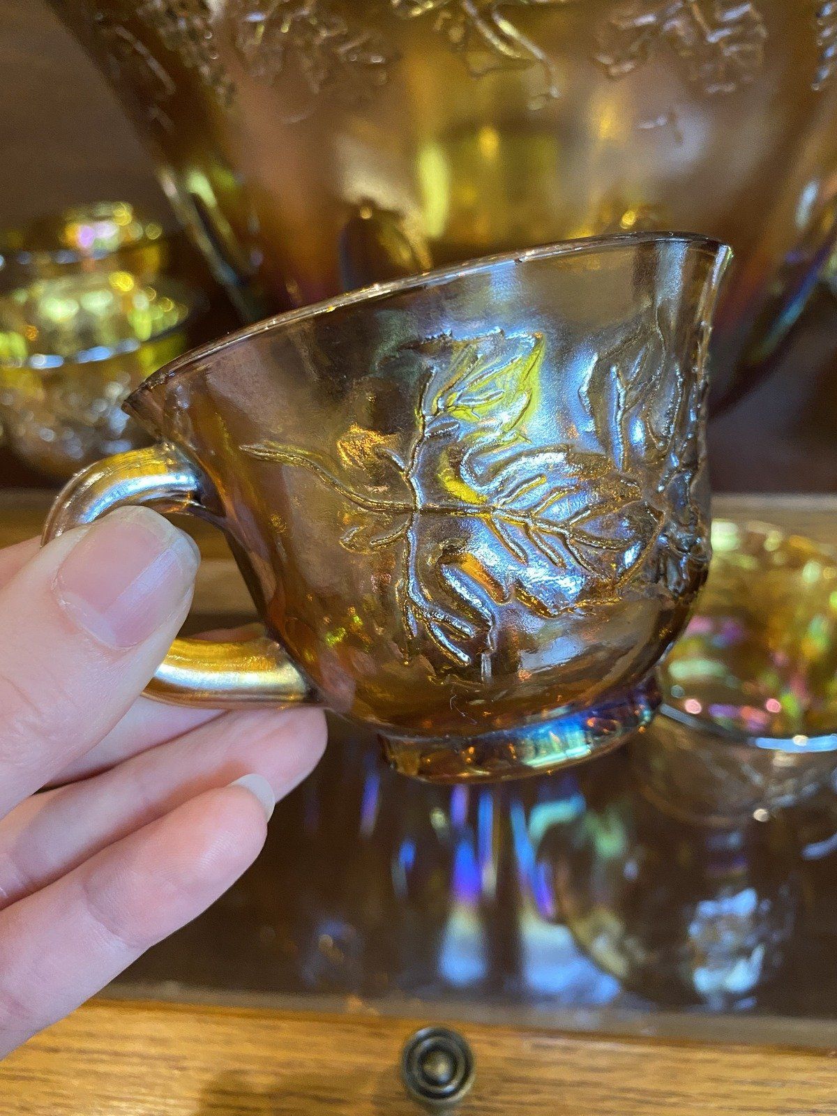 Indiana Carnival Glass Marigold Orange Carnival Glass Punch Bowl + 6 Cups 15