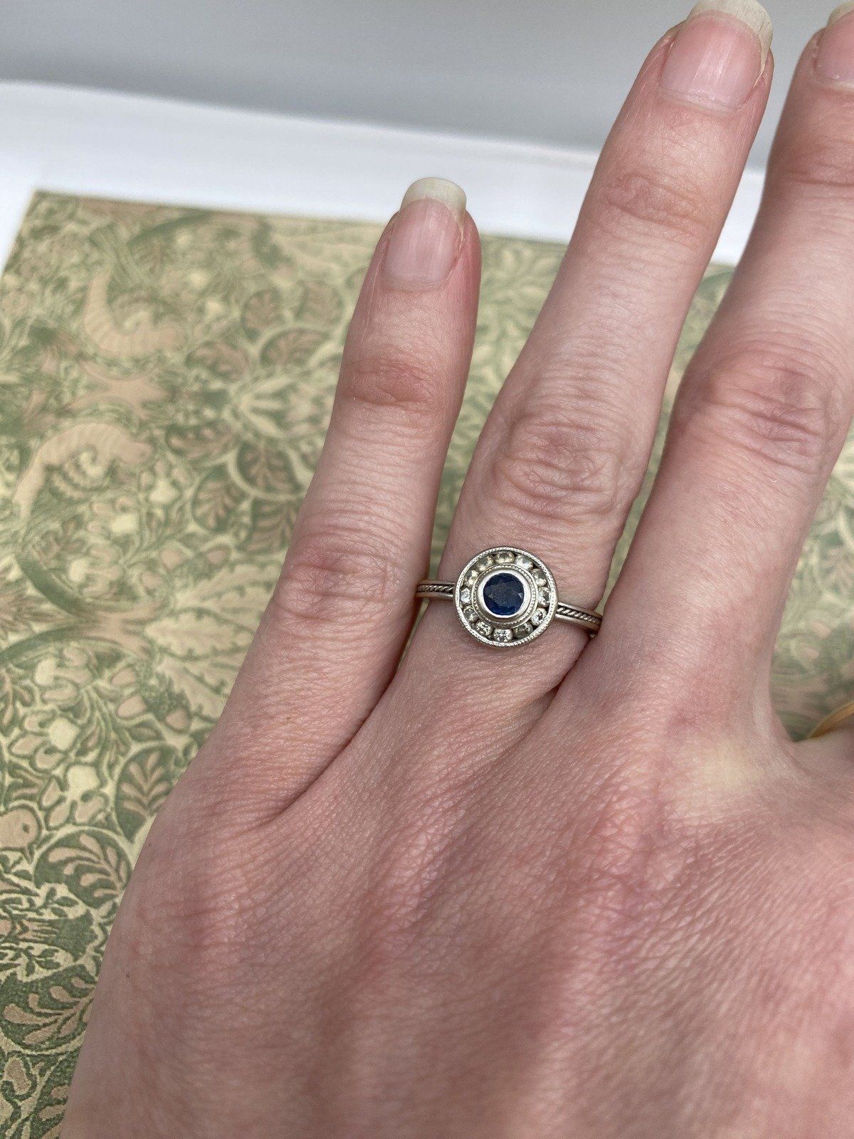 18k White Gold Bezel Set Sapphire + Diamond Halo Ring 3