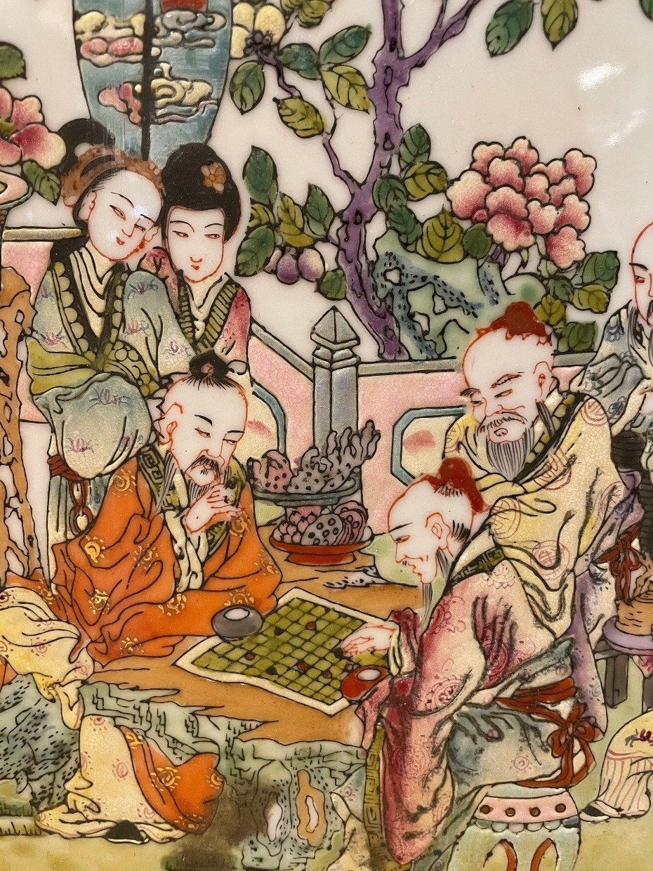 Framed Chinese Porcelain Plaque Featuring Figures Playing Board Games 2