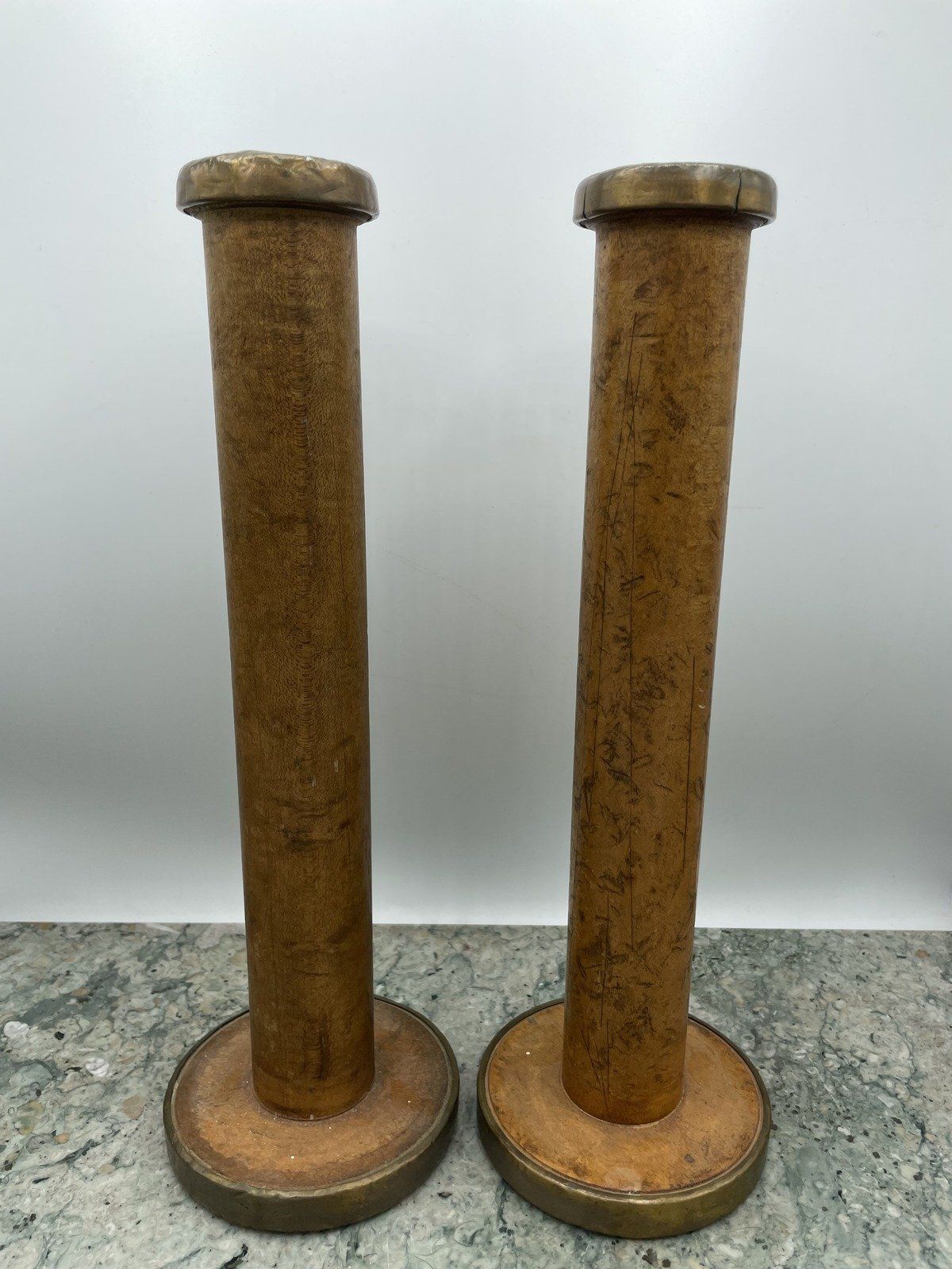 Converted Pair of Antique Tall Sewing Thread Spools Candle Stick Holders