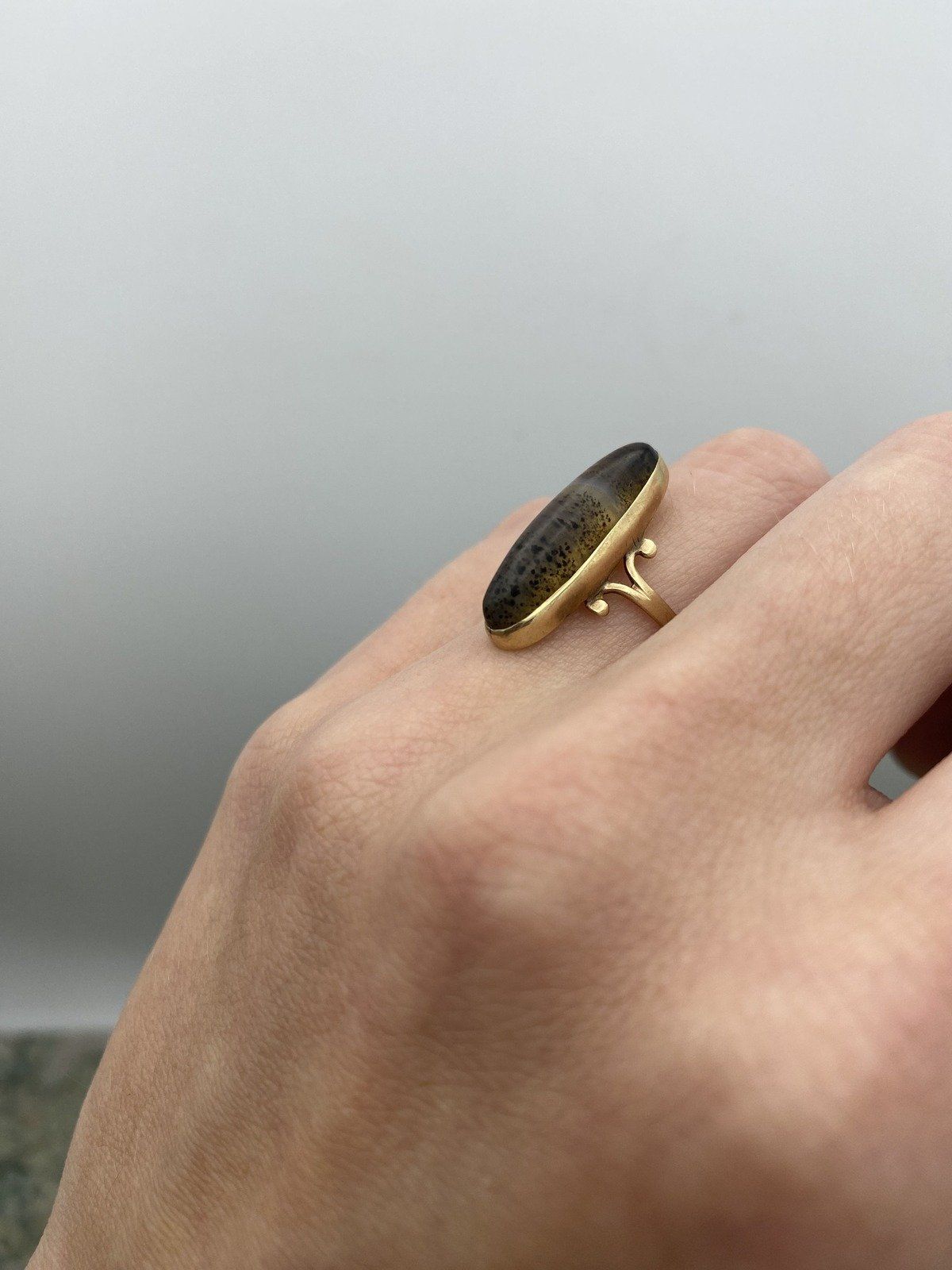 Antique 14k Gold Rare Botswana Agate Navette Ring 7