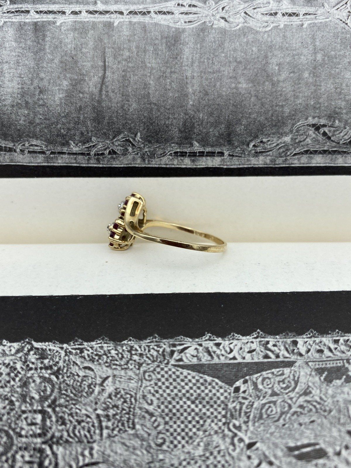 Vintage 10k Gold Ruby Double Flower Bypass Ring w Diamond Centers #2768 4
