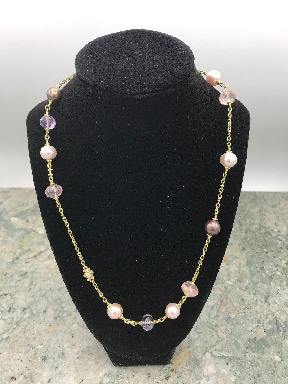 Designer Vintage 18k Gold Judith Ripka Diamond + Rose Qtz + Pearl 4pc Parure *SET* 4
