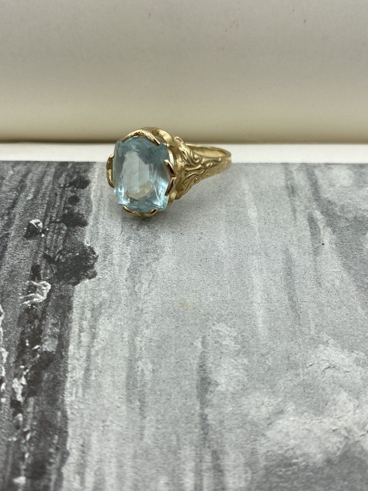 Antique Victorian 14k Gold High Quality Natural Cushion Cut Aquamarine Dress Ring w Carved Shoulder Motif + Lovely Prong Design 6