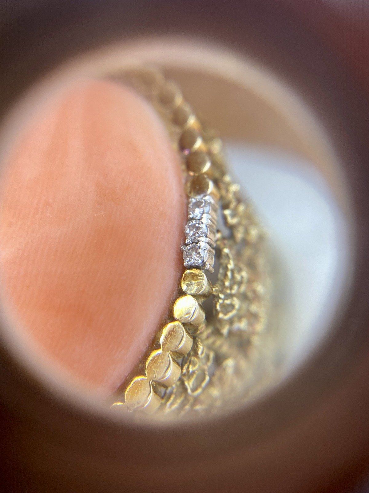 Near Antique c.1930s 14k Gold Nugget + Angel Skin Coral Regale Ring w Diamond Accents 12