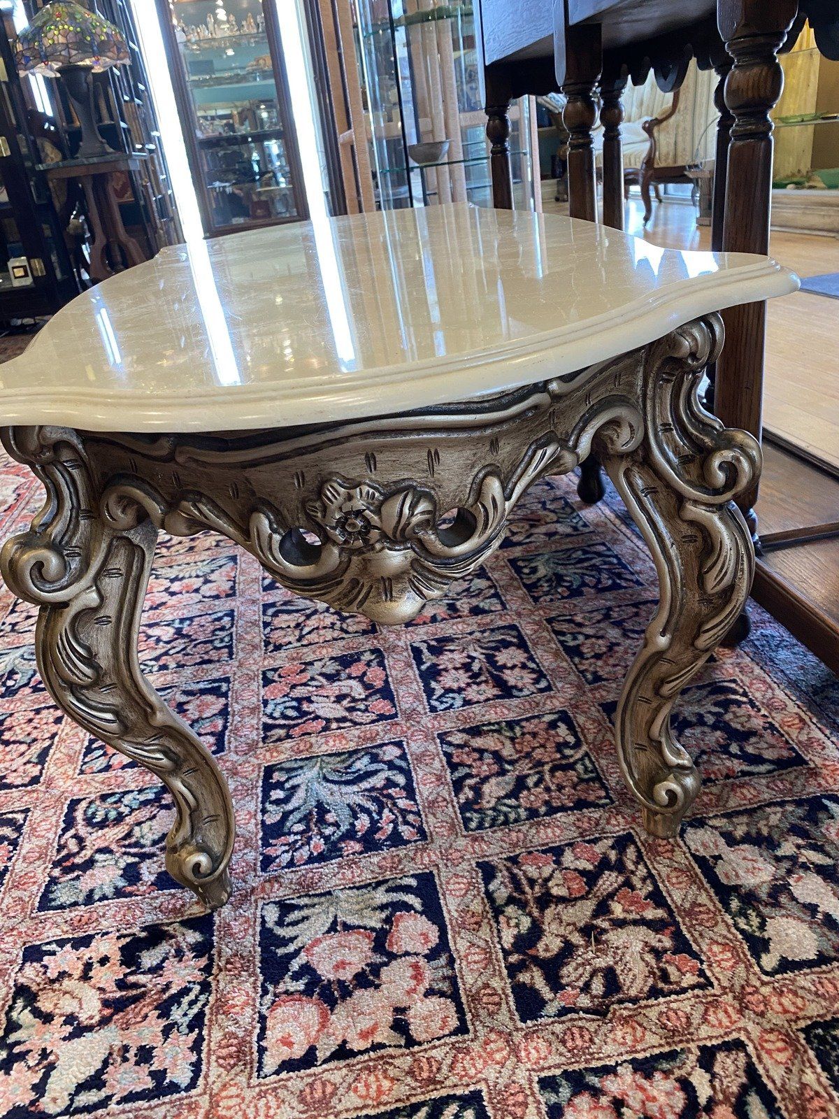 Modern Victorian Inspired Marble Top + Blonde Gilt Coffee Table 3