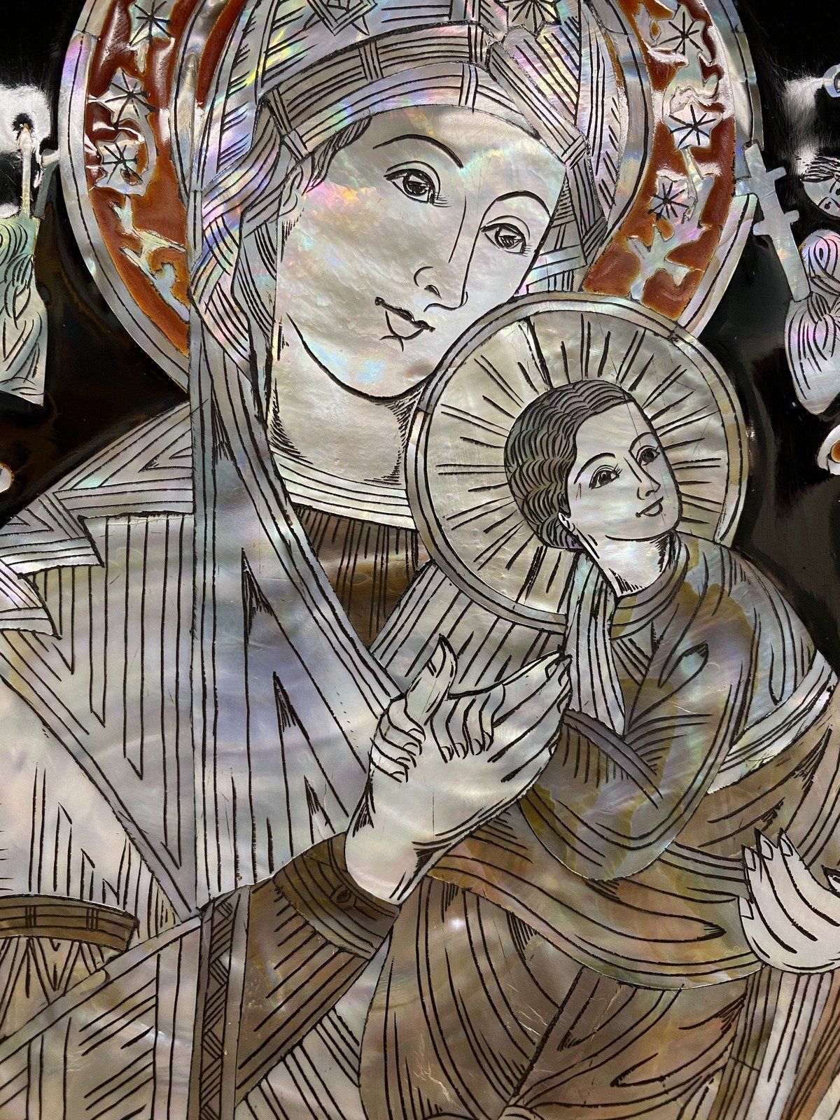 Religious Mother of Pearl Virgin Mary Lacquered Wood Wall Panel Art 3