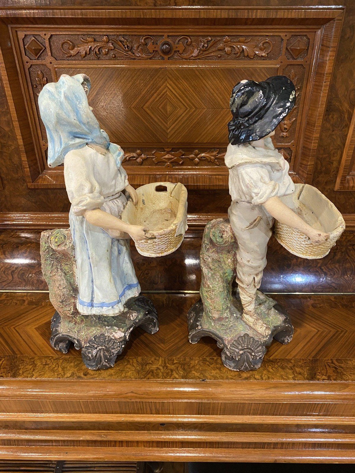 Antique 19th c. Figural Pair of Pottery Sculpture w Wash Bowl Basins 11