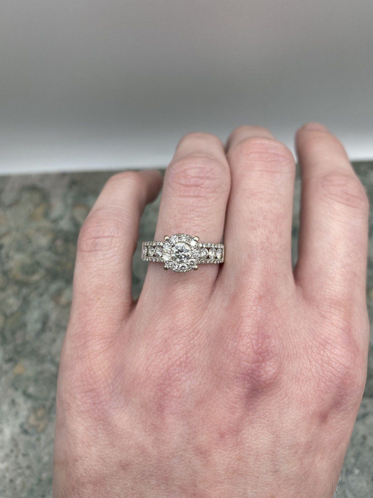 14k White Gold .25ct Center Bezel Set Diamond Halo Diamond Ring w Floating Channel Set Shoulders 4