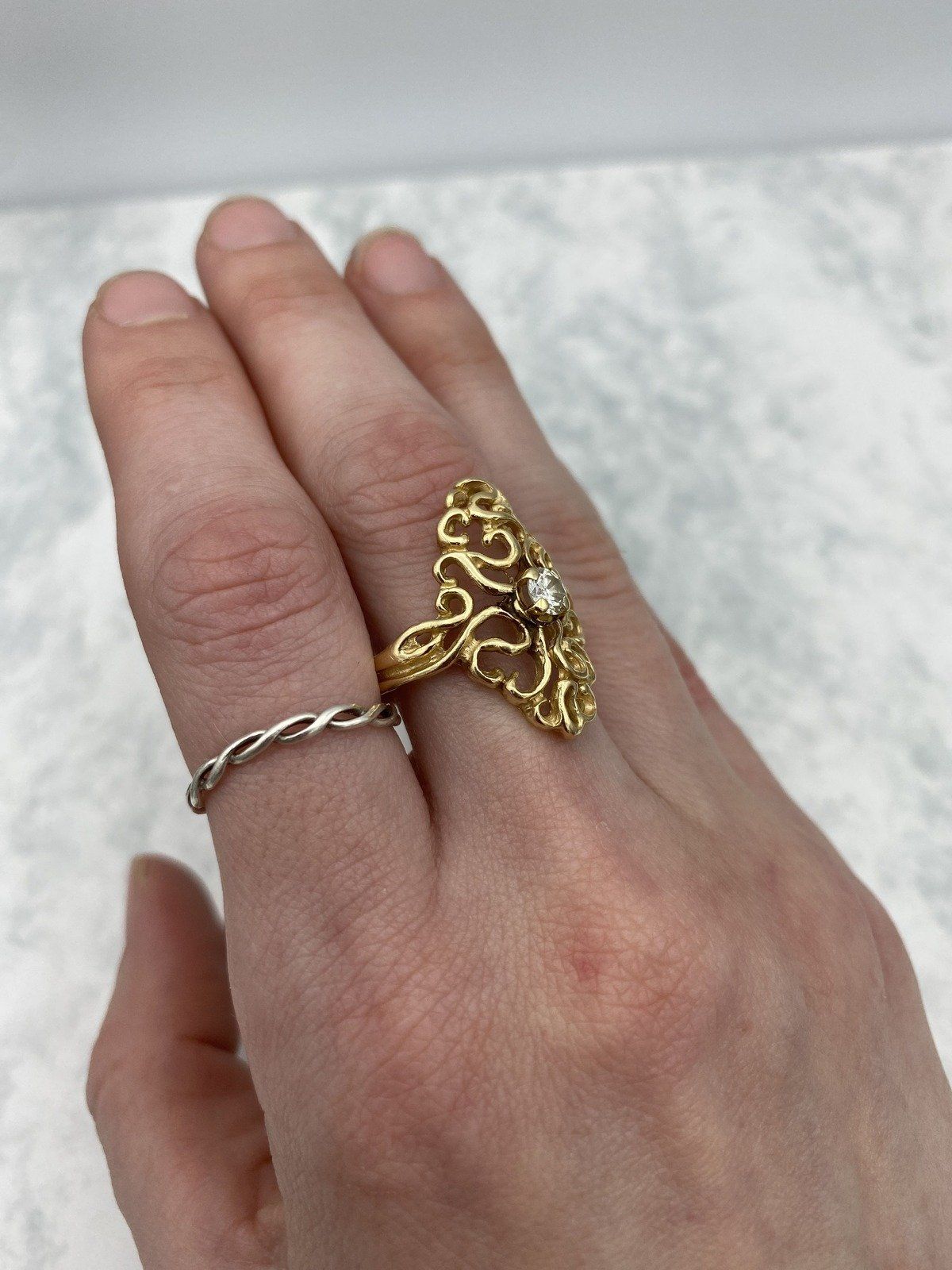Vintage 14k Swirly Gold Lace .40ct Diamond Navette Statement Ring 4