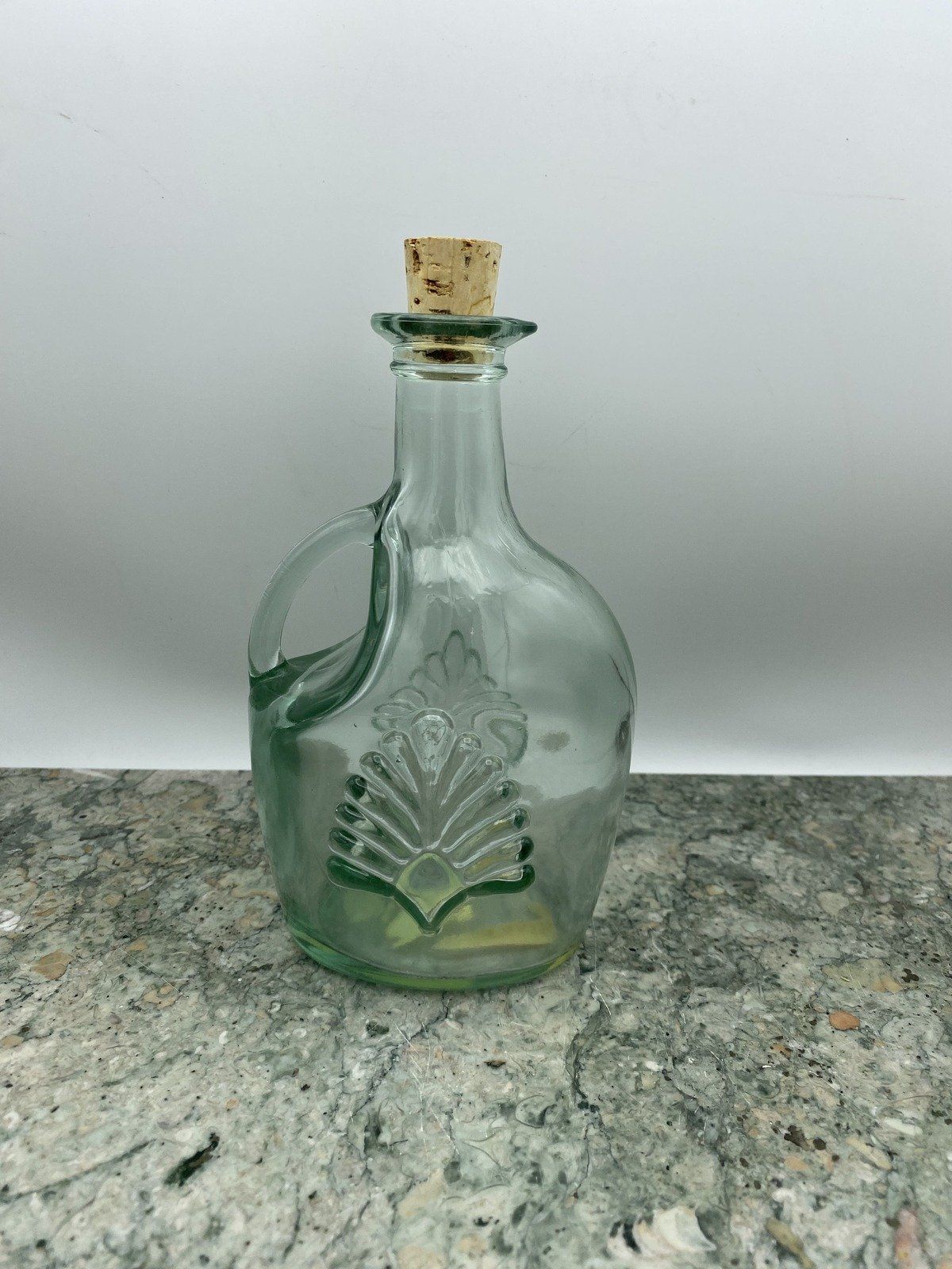 Vintage Glass Shell Motif Canada Syrup Jar w Cork