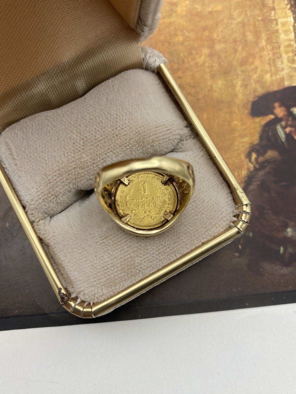 14K Gold Ring with $1 Liberty Head Gold Coin Type 1 Filigree Setting. Sz 4.25 5