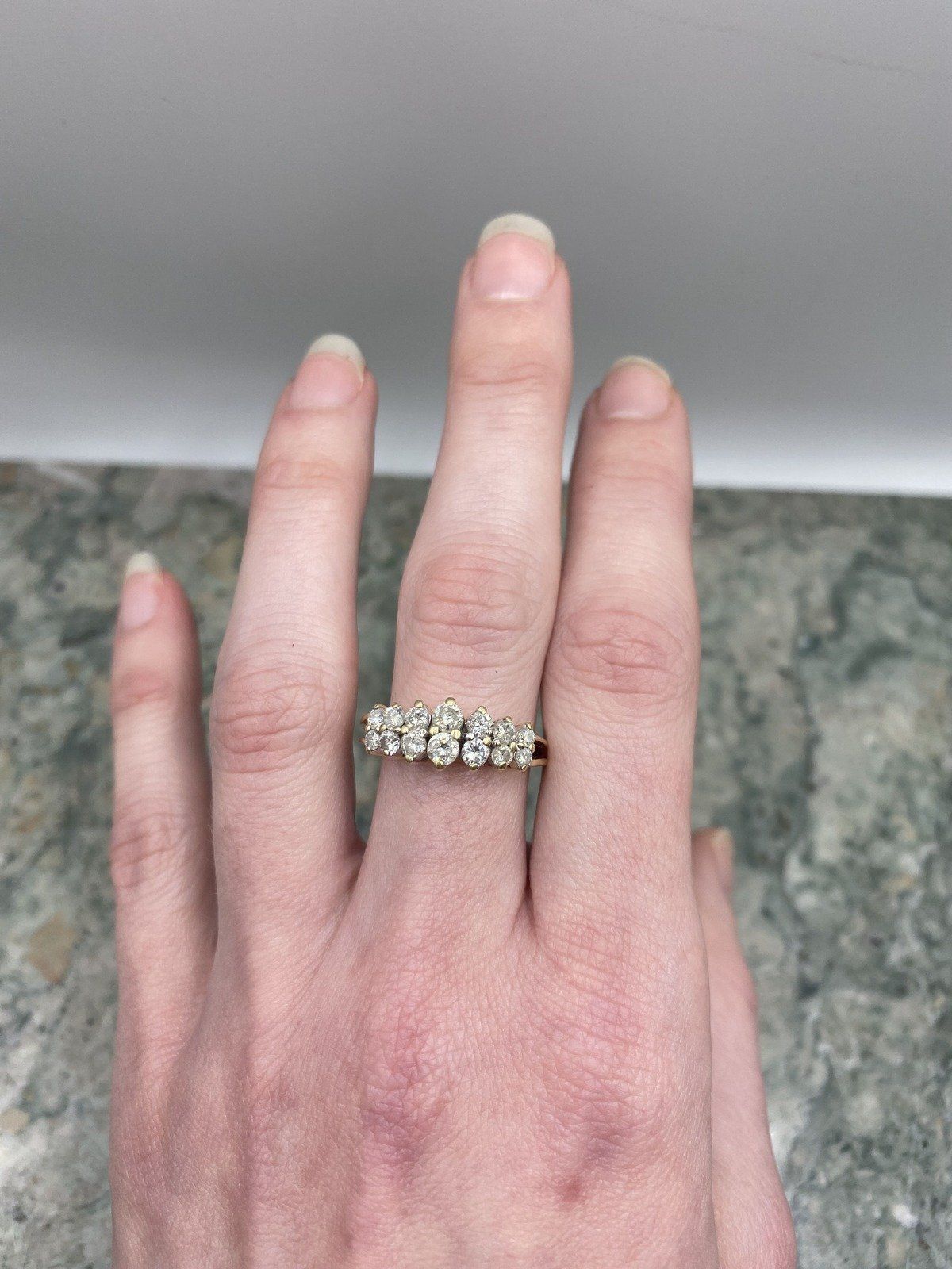 14k Gold Round Cut Stacked Diamond Peaked Ring w Spoked Shank 5