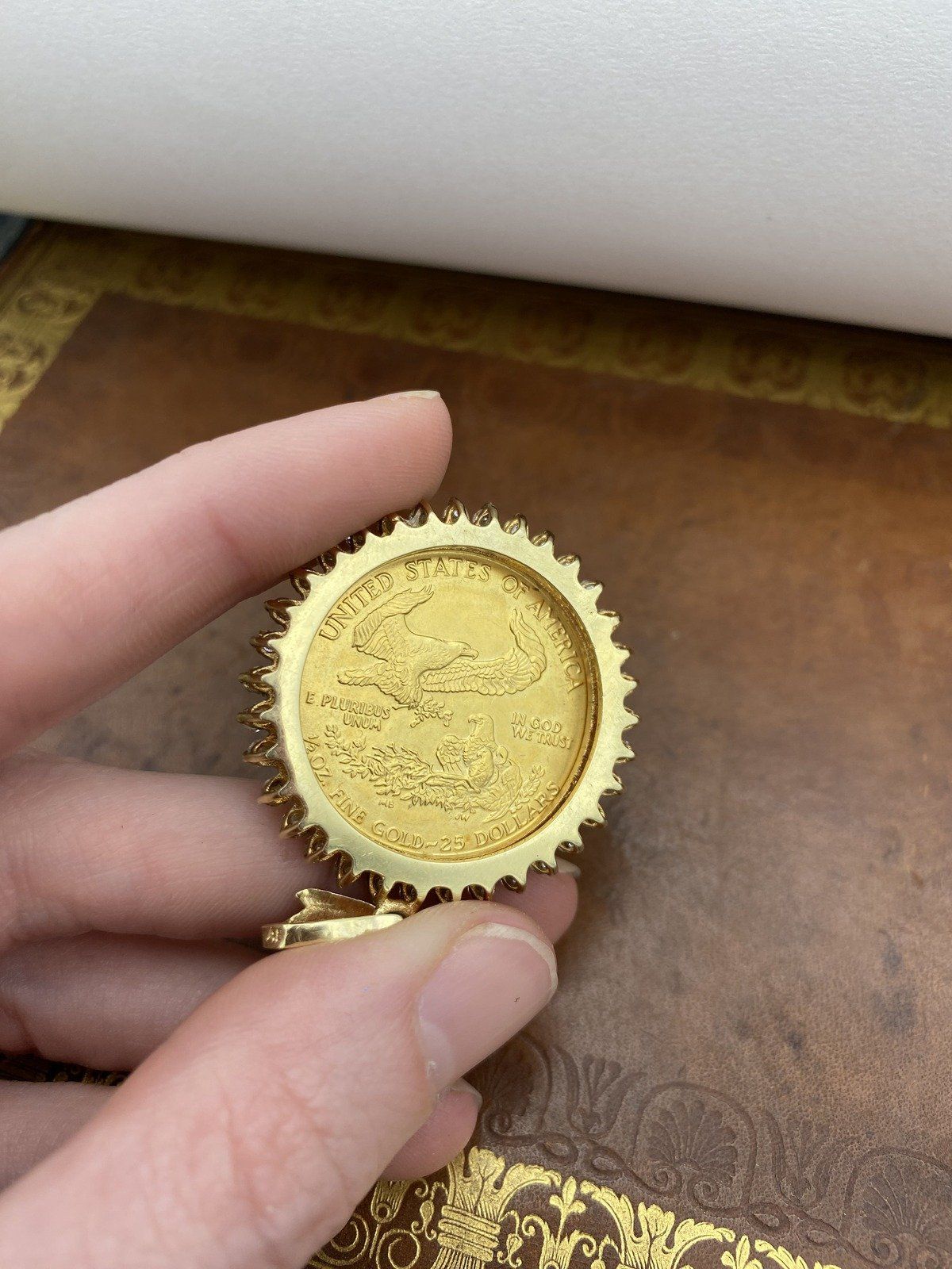 1/2 oz American Gold Eagle Coin Pendant with White Topaz Bezel 14K 4