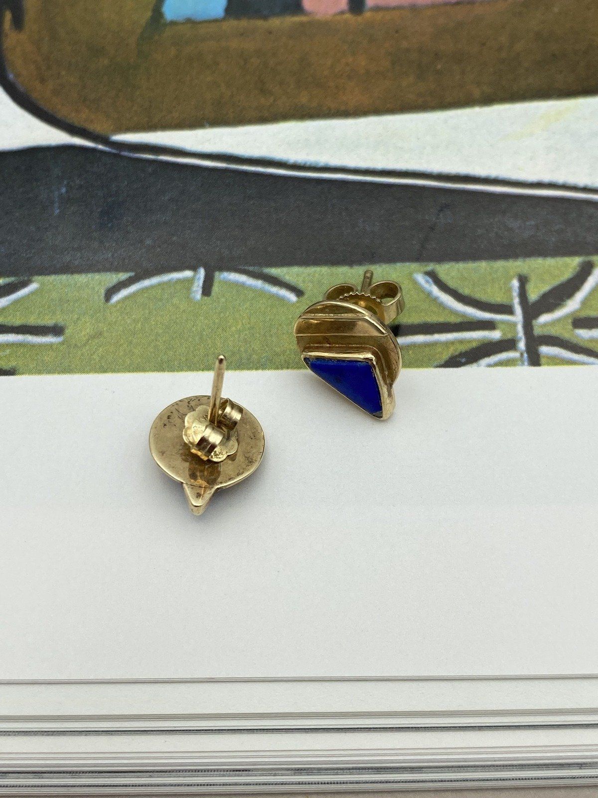 CUTE 14k Gold Modernist Lapis Inlay Geometric Stud Earrings #3075 4