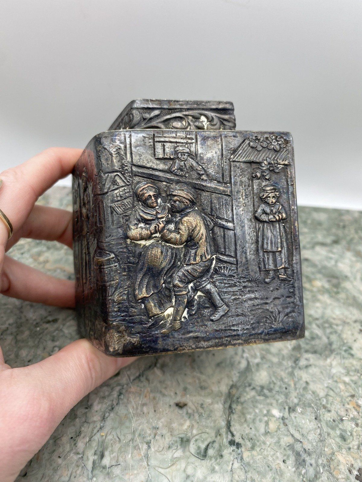 Antique Silver Plated Repousse Dutch Webster & Sons Figural Tea Caddy w C-de-V Detail 6