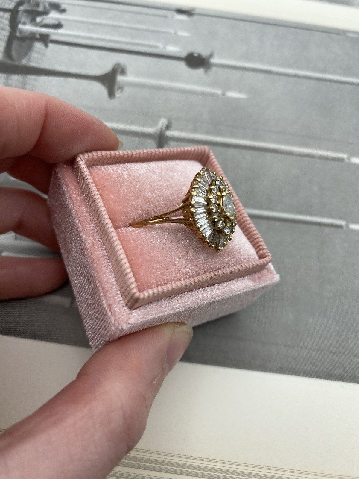 14k Gold Marquise Diamond Center + Baguette Diamond Halo Navette Dinner Ring #3481 3
