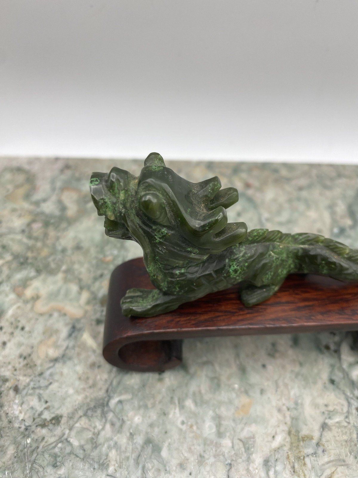 Hand Carved Natural Nephrite Jade Dragon w Feng Shui Wood Stand 2