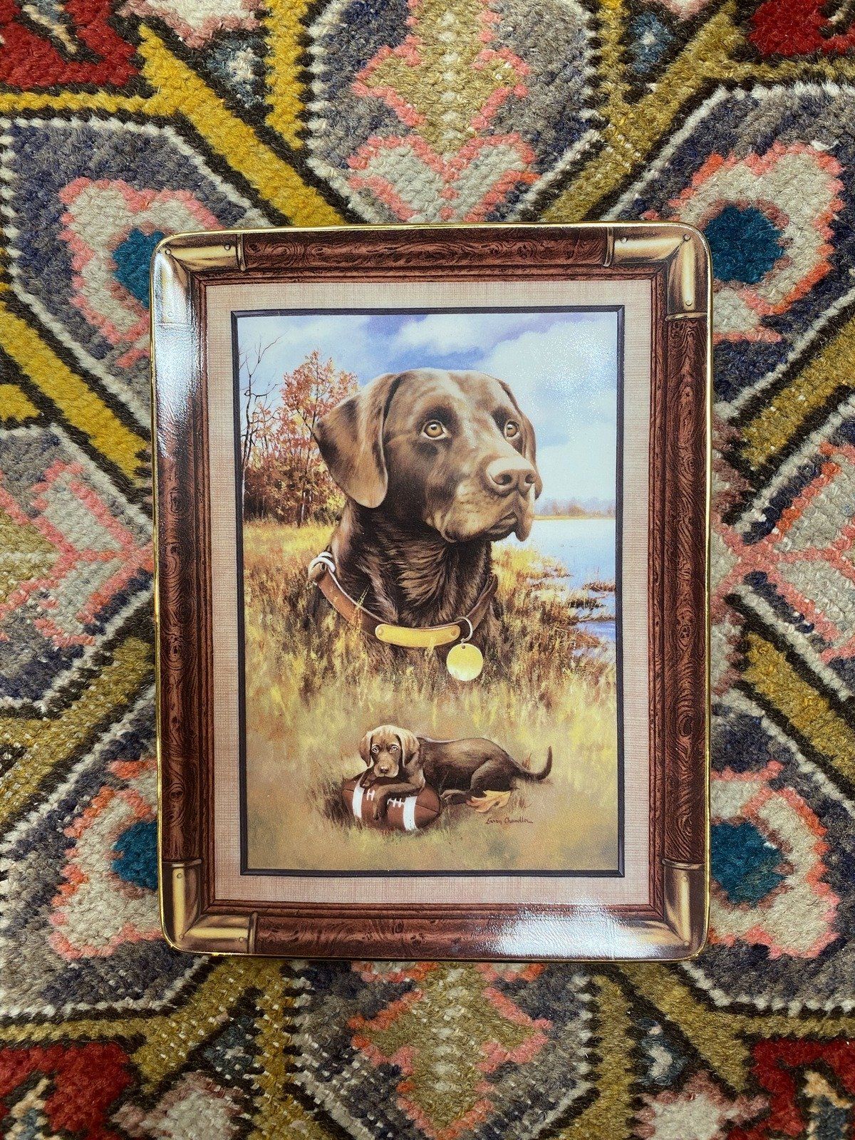 Rectangular Franklin Mint Porcelain Chocolate Lab + Football Motif Collectors Plate