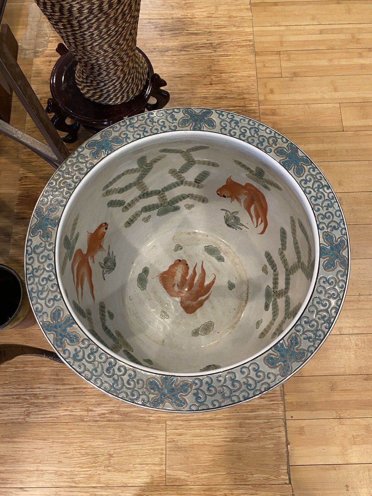 Lovely Blue Koi Interior Porcelain Fish Bowl Planter w Stand 3