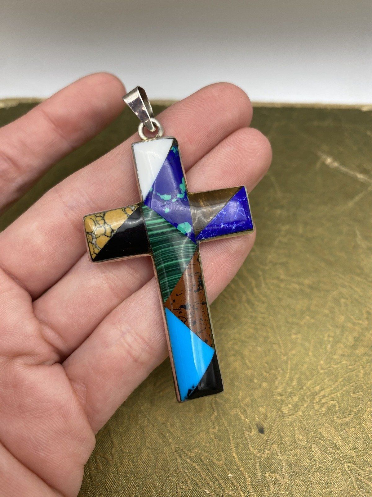 Large Sterling Silver Mexico Natural Gemstone Inlaid Sleek Cross Pendant 4