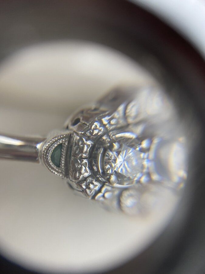Bespoke 14k White Gold Ornamental Almonde 1.9ctw Moissanite Diamond Engagment Ring w Emerald + GIA & APP 7