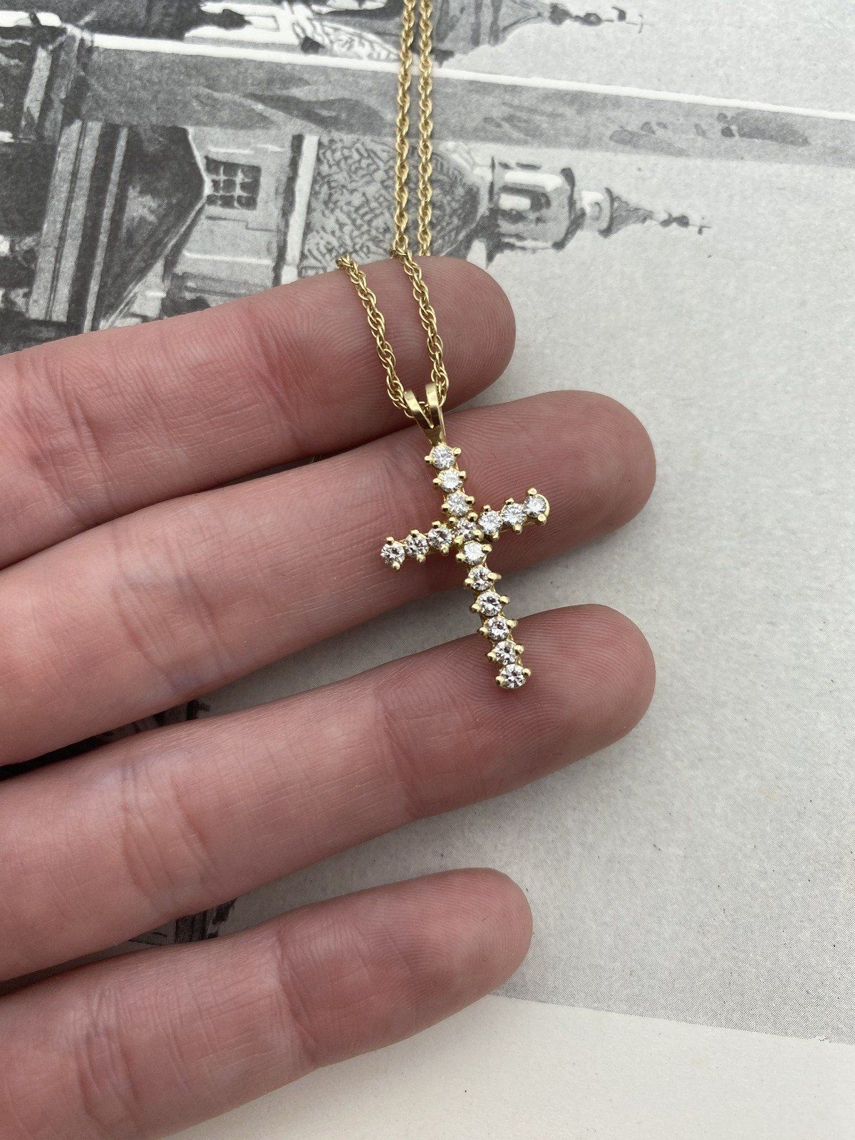 14k Gold Pave Set .80ctw Classic Diamond 1L Cross Drop Necklace 16L #3059 7