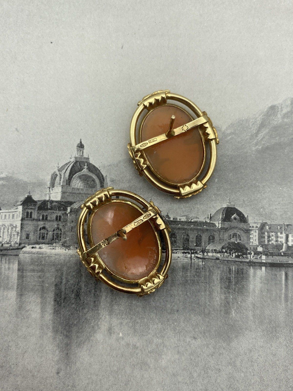 Vintage 14k Gold 1 Shell Carved Cameo Portrait Stud Earrings w Artly Molded Bezels 4