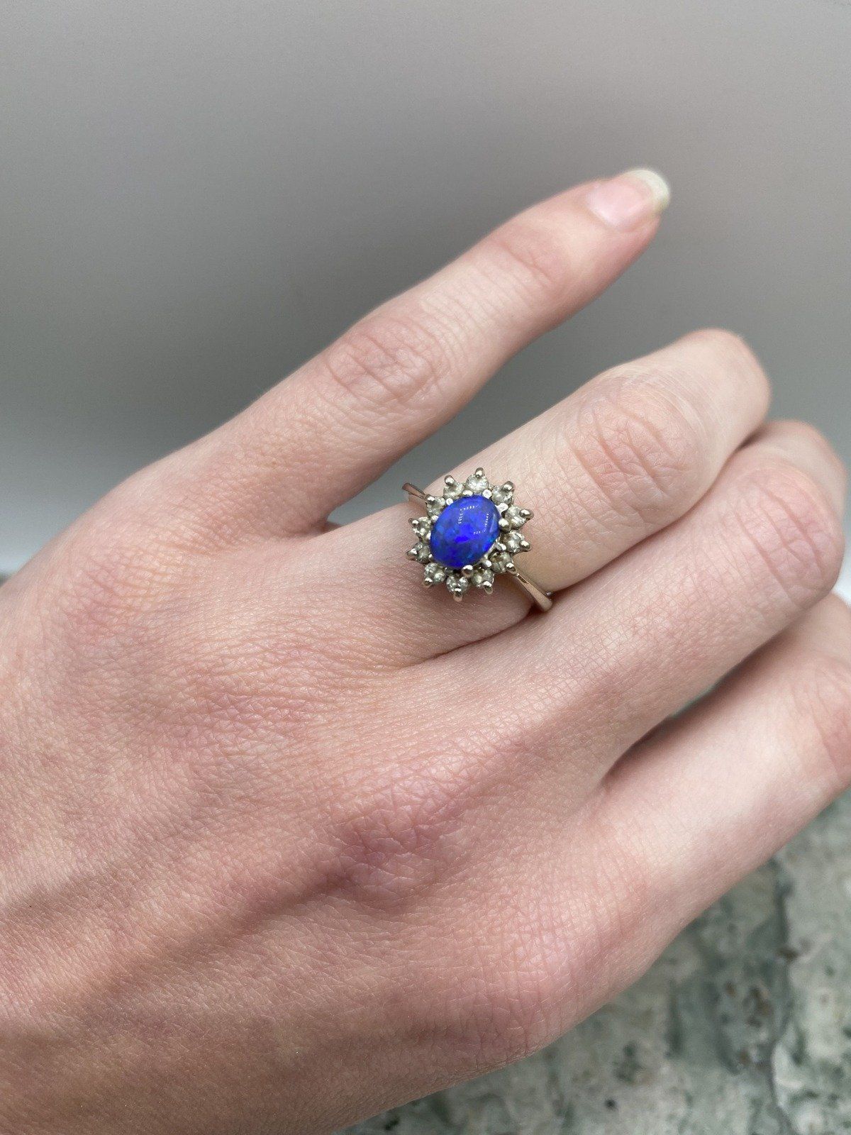 Vintage 14k White Gold Black Opal Princess Ring w Diamond 2