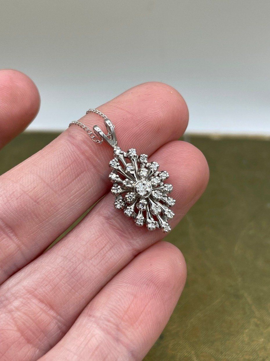 14k White Gold Tiered Diamond Burst Cluster Drop 18 Necklace 2