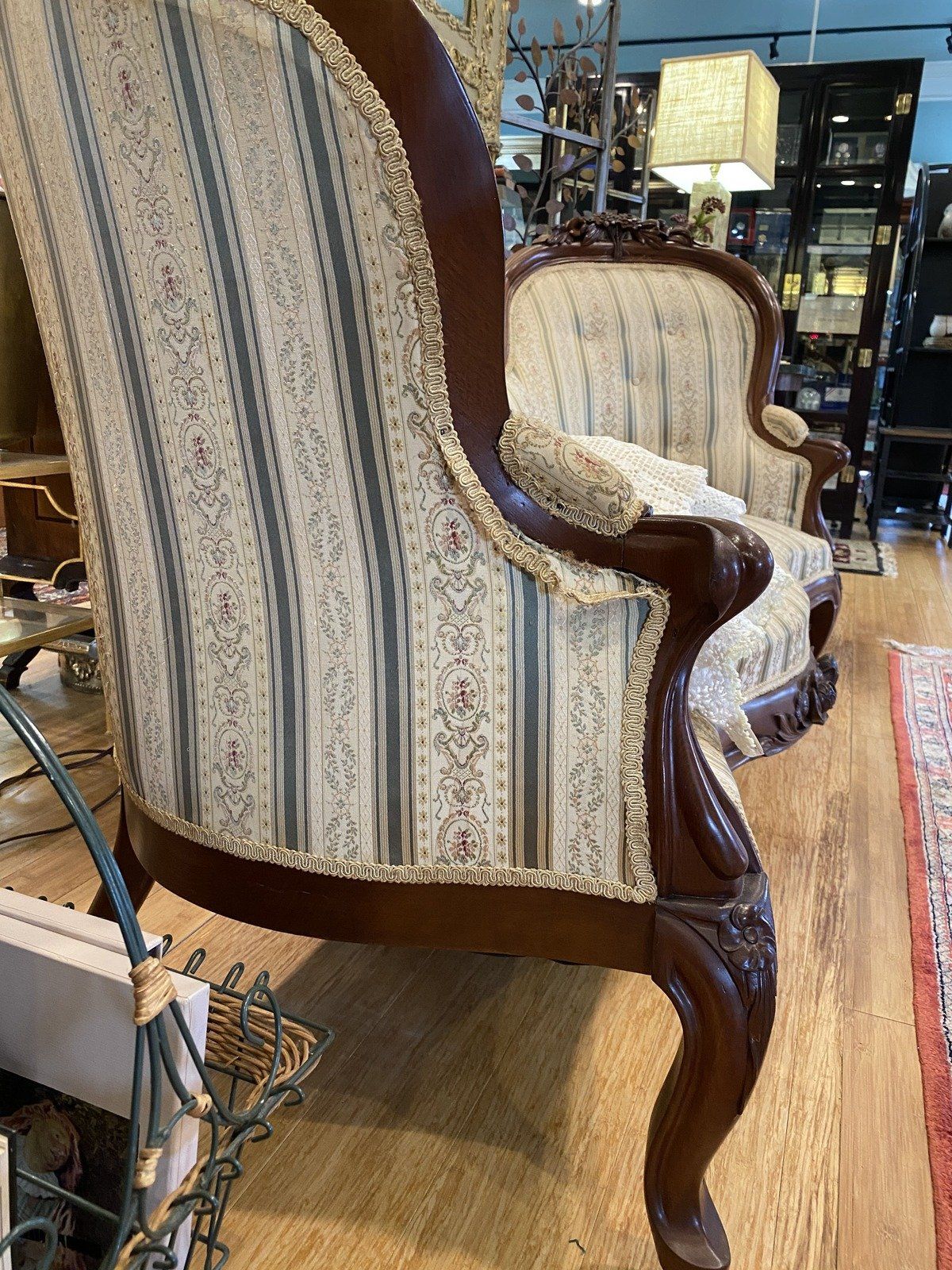 Antique Carved Rocco Style Calico Upholstered Settee #328 4