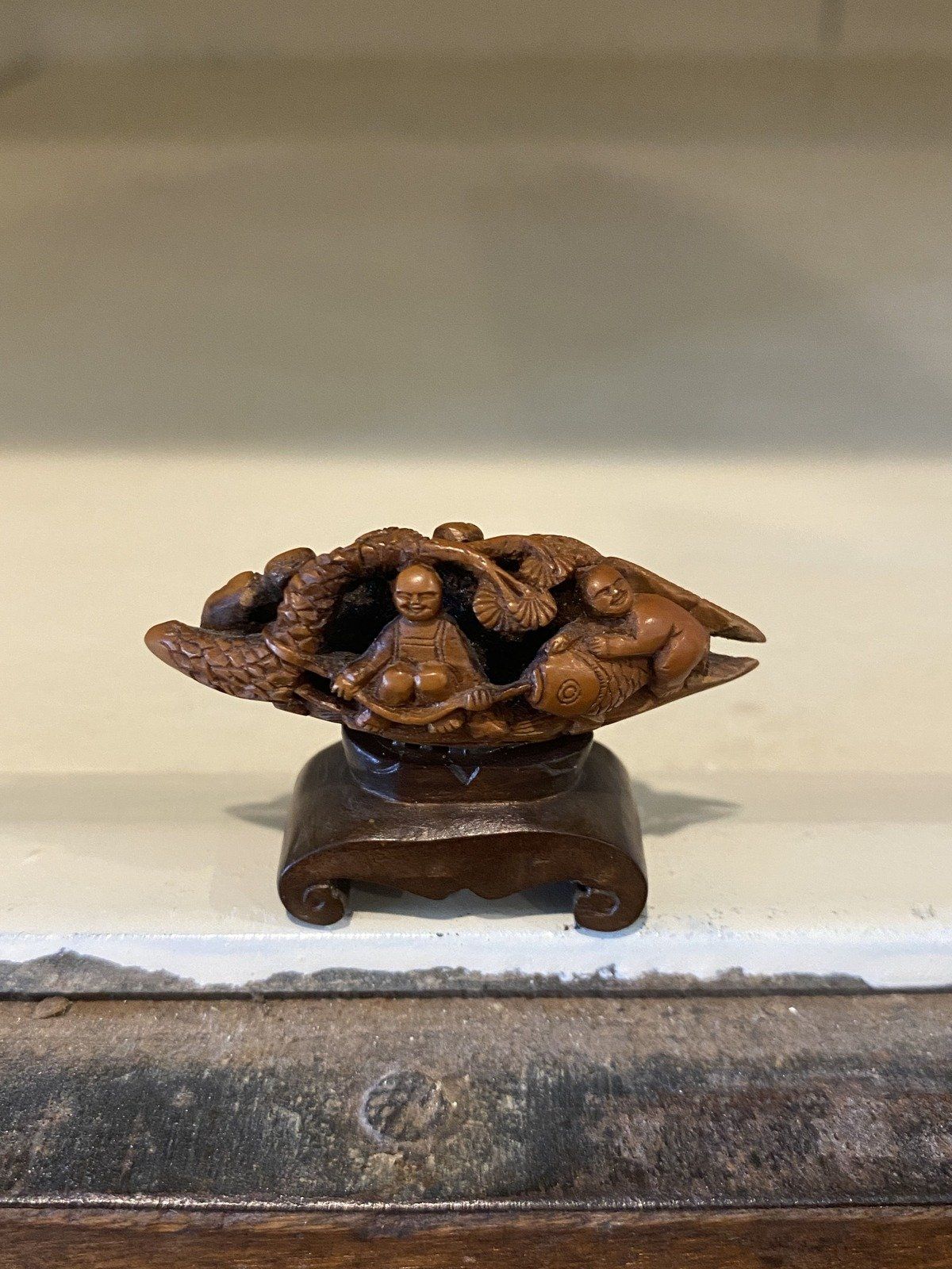 Hand Carved Chinese Olive Pit of Fauna Fishermen + Foliage & Koi 3