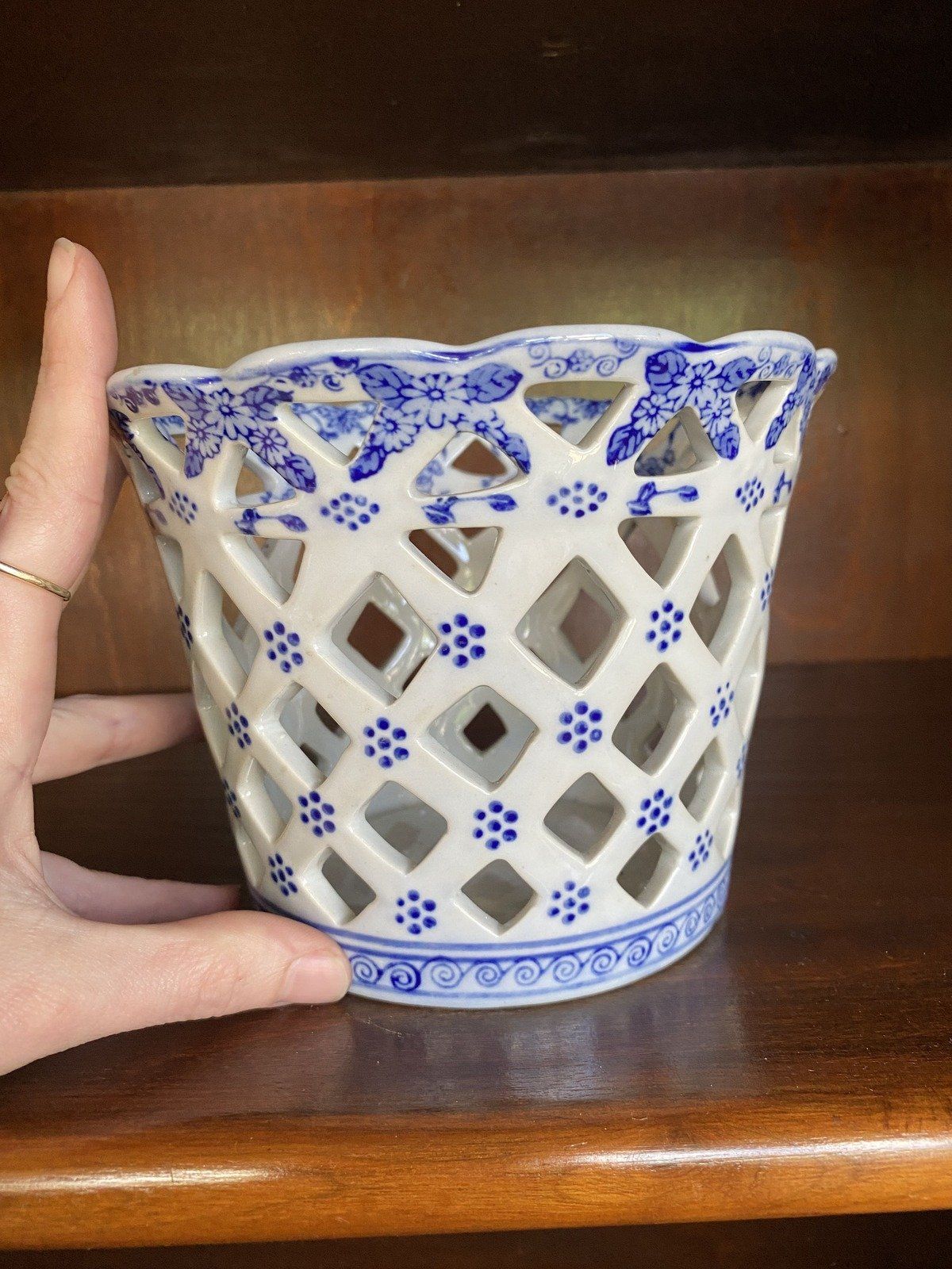 Vtg Reticulated Flow Blue Flower Pot Basket Planter by Andrea Sadek 8