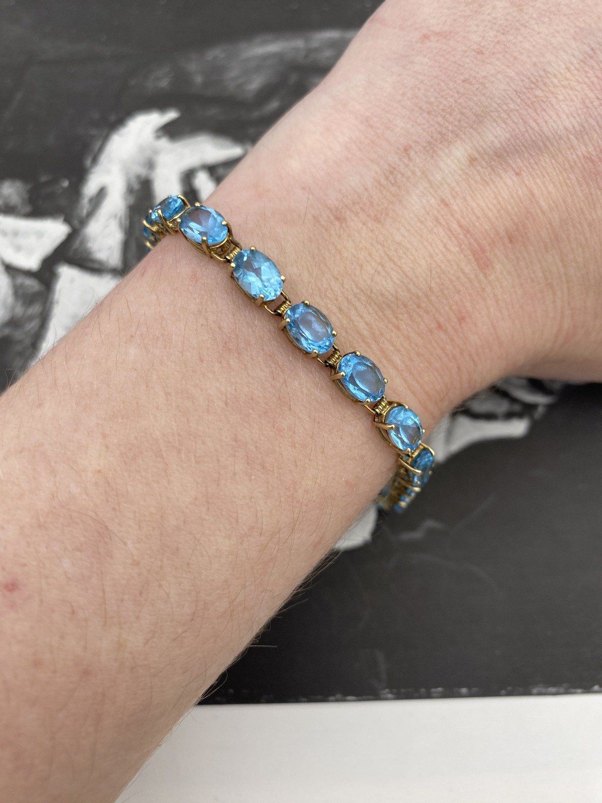 Vintage 10k Gold Oval Faceted Blue Topaz Layering Gemstone Tennis Bracelet 7L 7