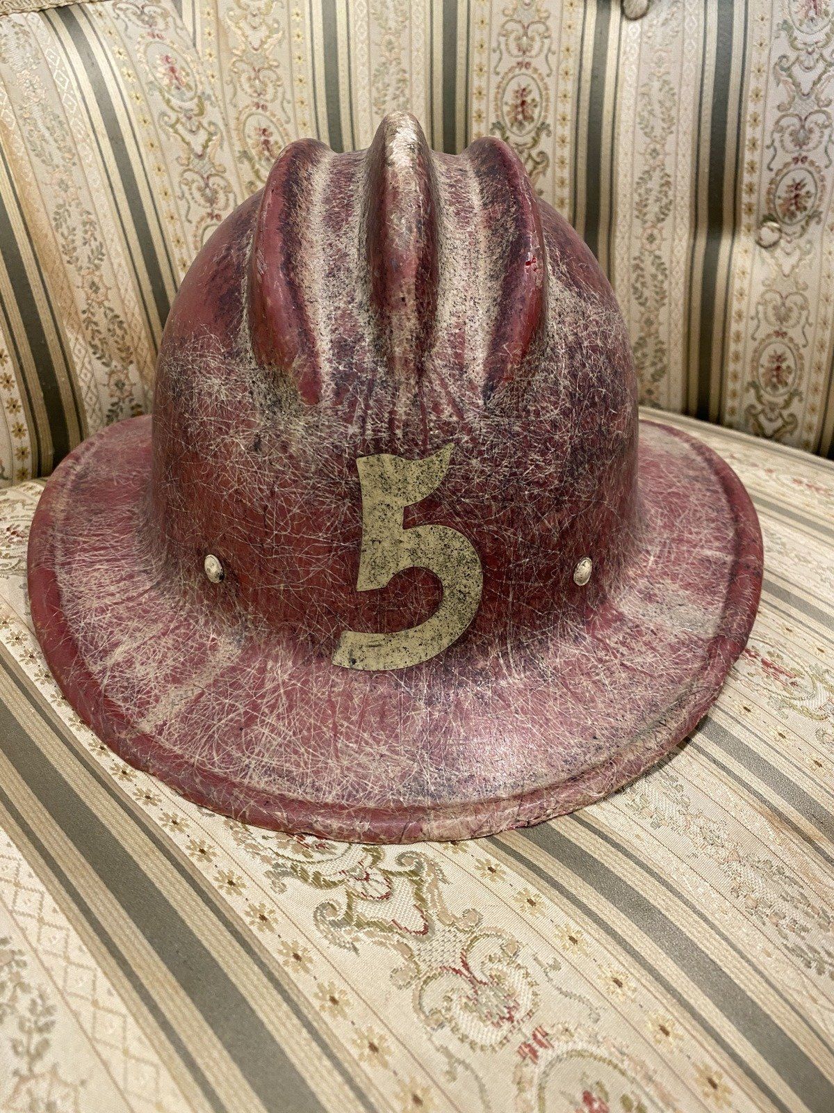 Vintage c.1970s/80s Red No.5 Fiberglass Fire Fighter Helmet w Personalized Interior Rim 4
