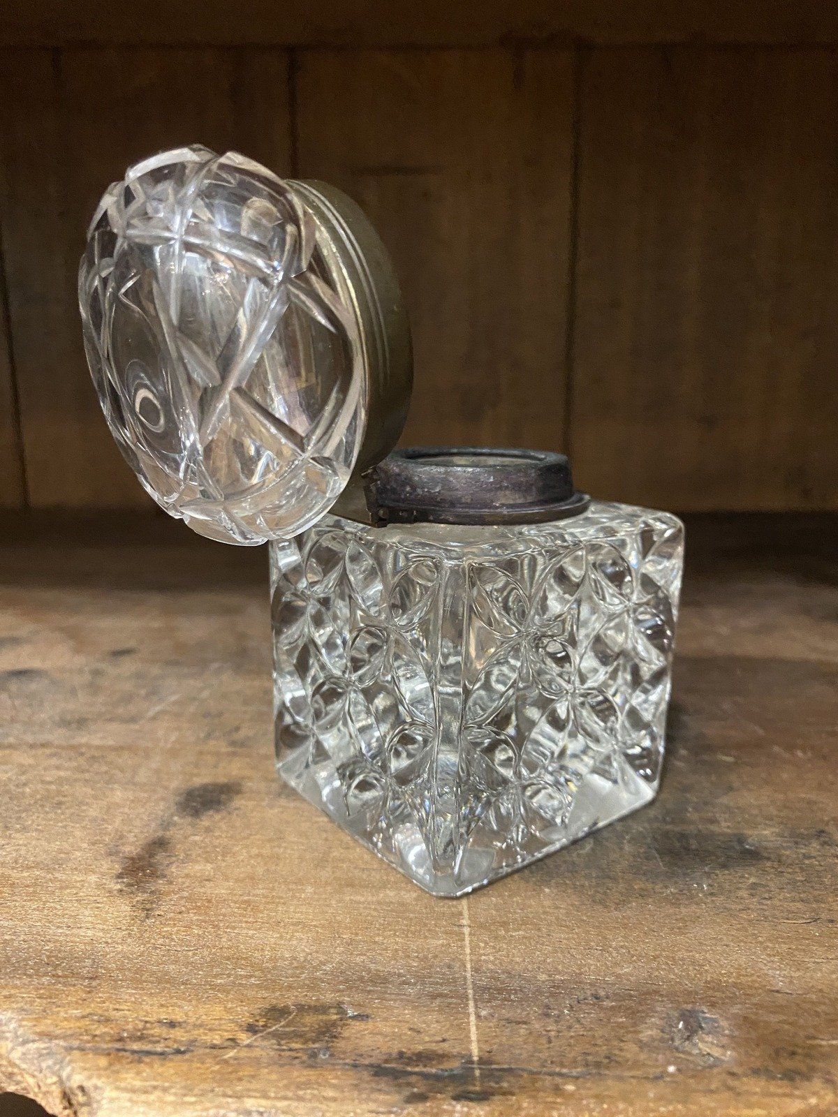 Nice Clear HEAVY Antique Molded Glass Inkwell 6