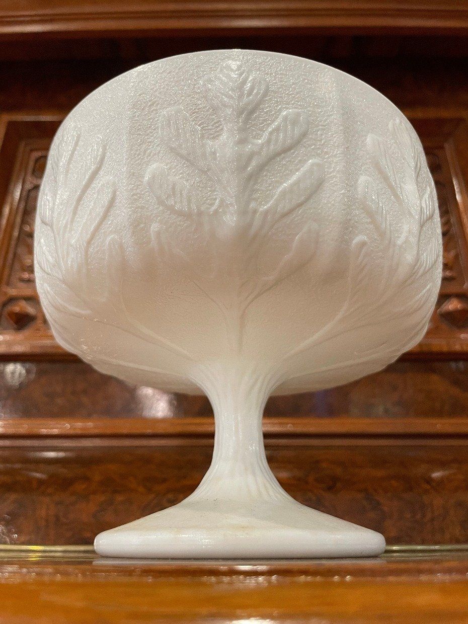 Vintage c.1975 FTD Milk Glass Compote w Oak Leaf Exterior Molded Design 2