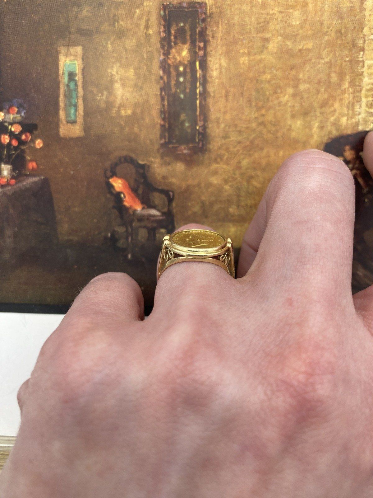 14K Gold Ring with $1 Liberty Head Gold Coin Type 1 Filigree Setting. Sz 4.25 9