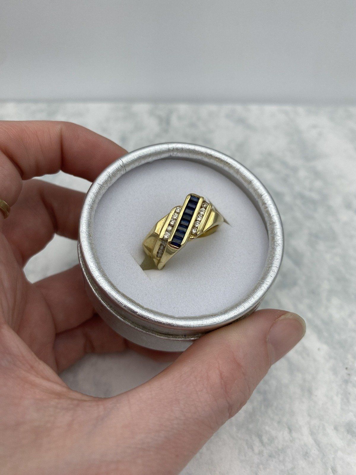 Mod Vintage 14k Gold Cubic Channel Set Baguette Sapphire + Diamond Ring 2