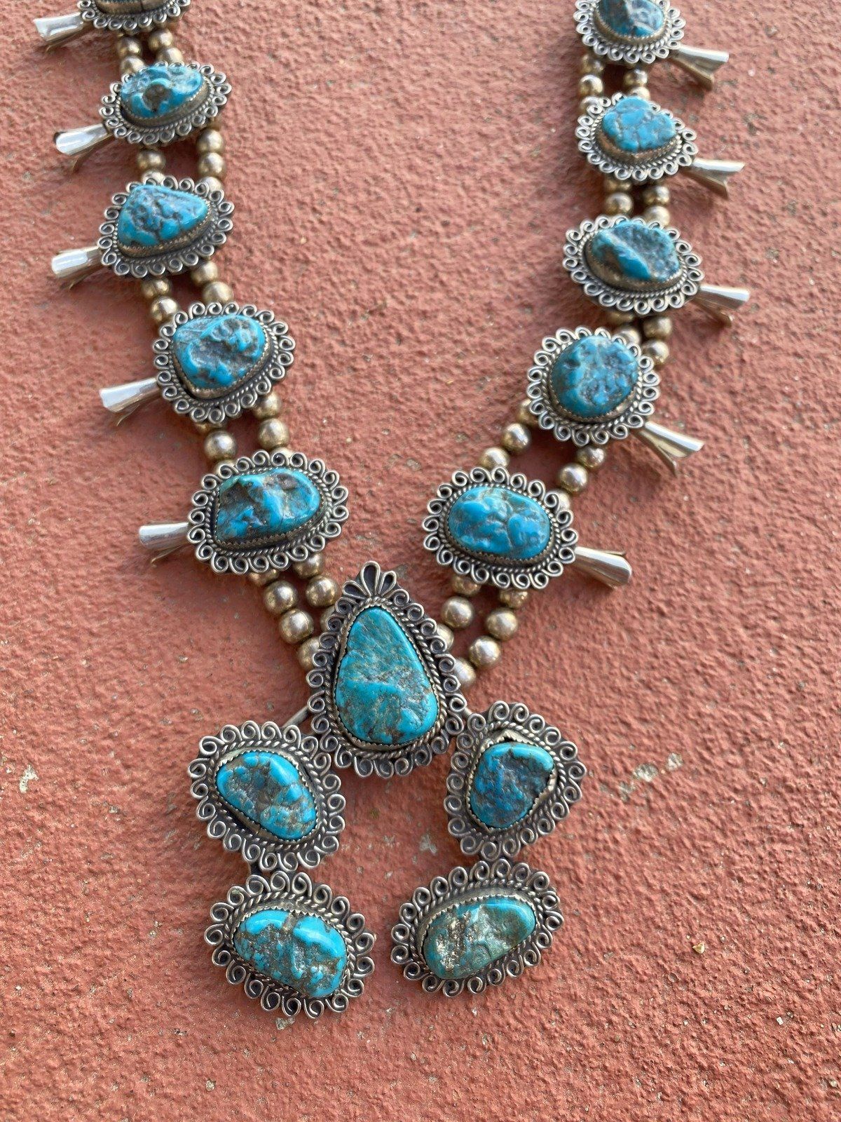 Vintage c.1970s Unsigned Navajo Native American Turquoise Squash Blossom Necklace 2