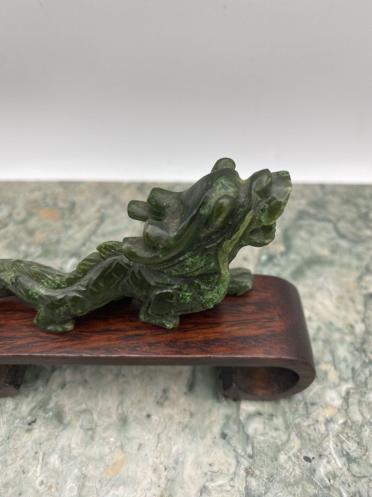 Hand Carved Natural Nephrite Jade Dragon w Feng Shui Wood Stand 5