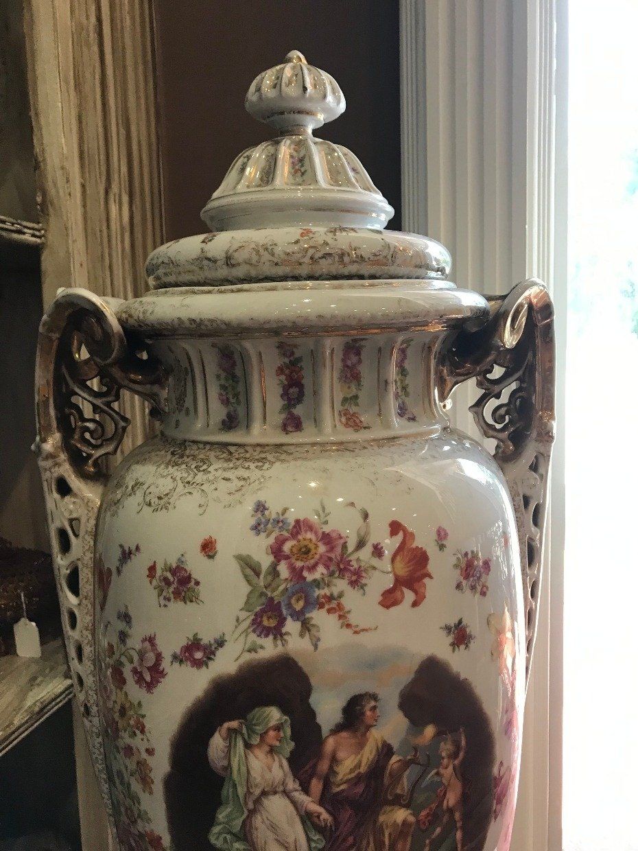Hand Painted Antique Meissen Style Porcelain Floor Urn w Floral + Pastoral Court Scene 3