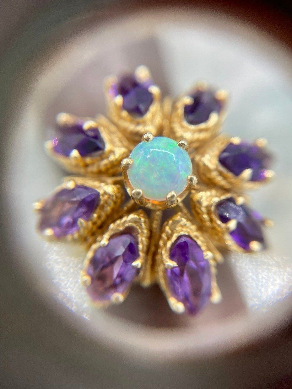 Antique Marquise Cut Deep Purple Amethyst + Opal Cluster Ring 2