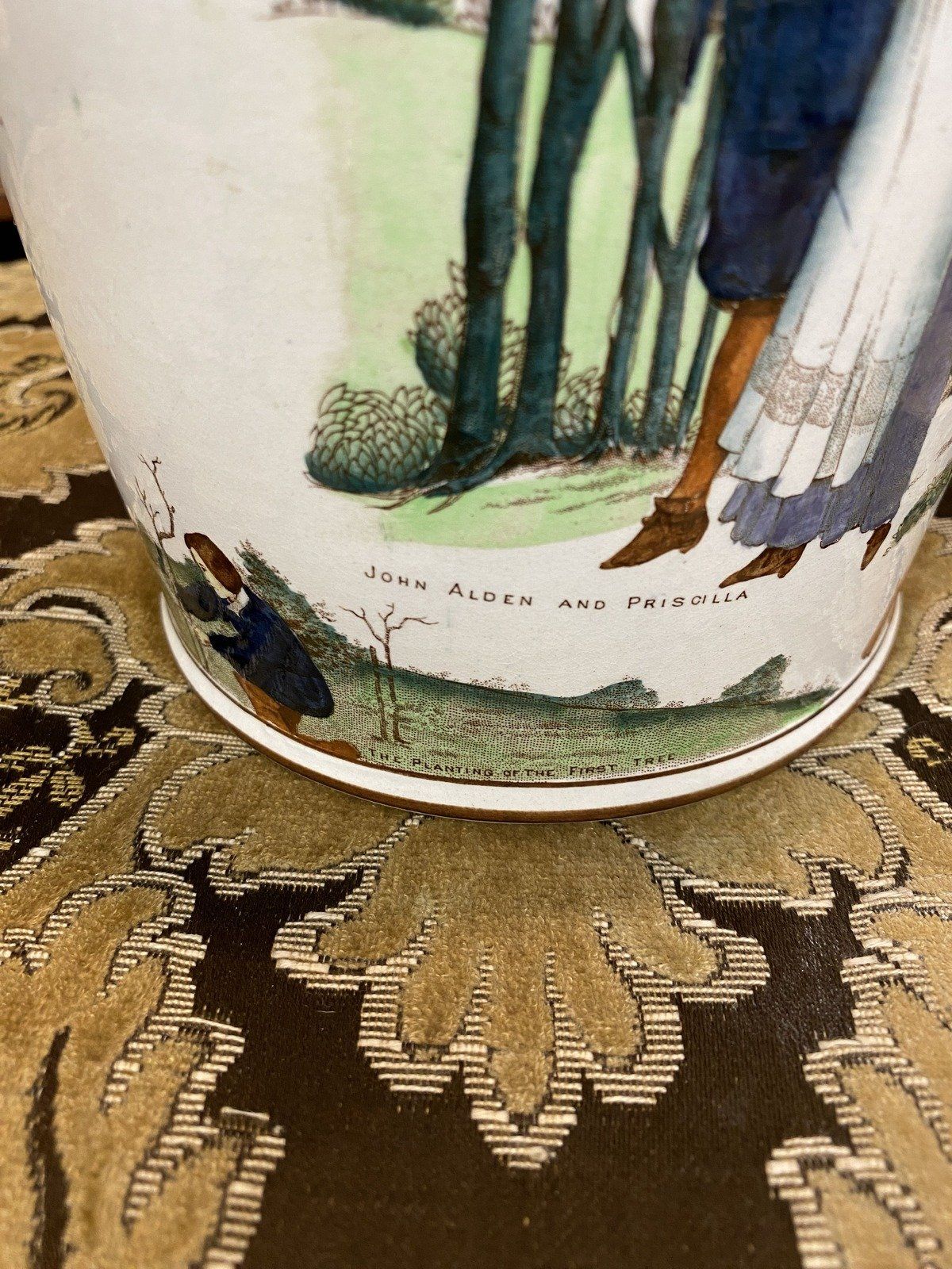 Antique c.1908 Ceramic Hand Painted Mayflower Pilgrimage Finely Detailed Buffalo Pottery Crock Milk Pitcher 4