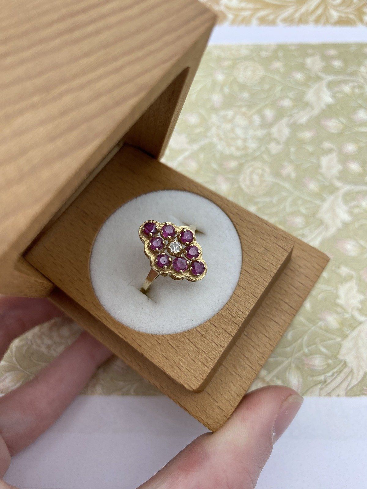 14k Gold Ruby Navette Ring w Diamond Center and Lovely Setting 2