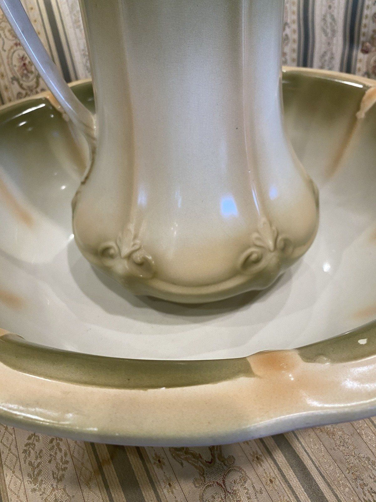 Antique 19th Century Victorian Art Nouveau Ceramic Wash Pitcher + Basin 10