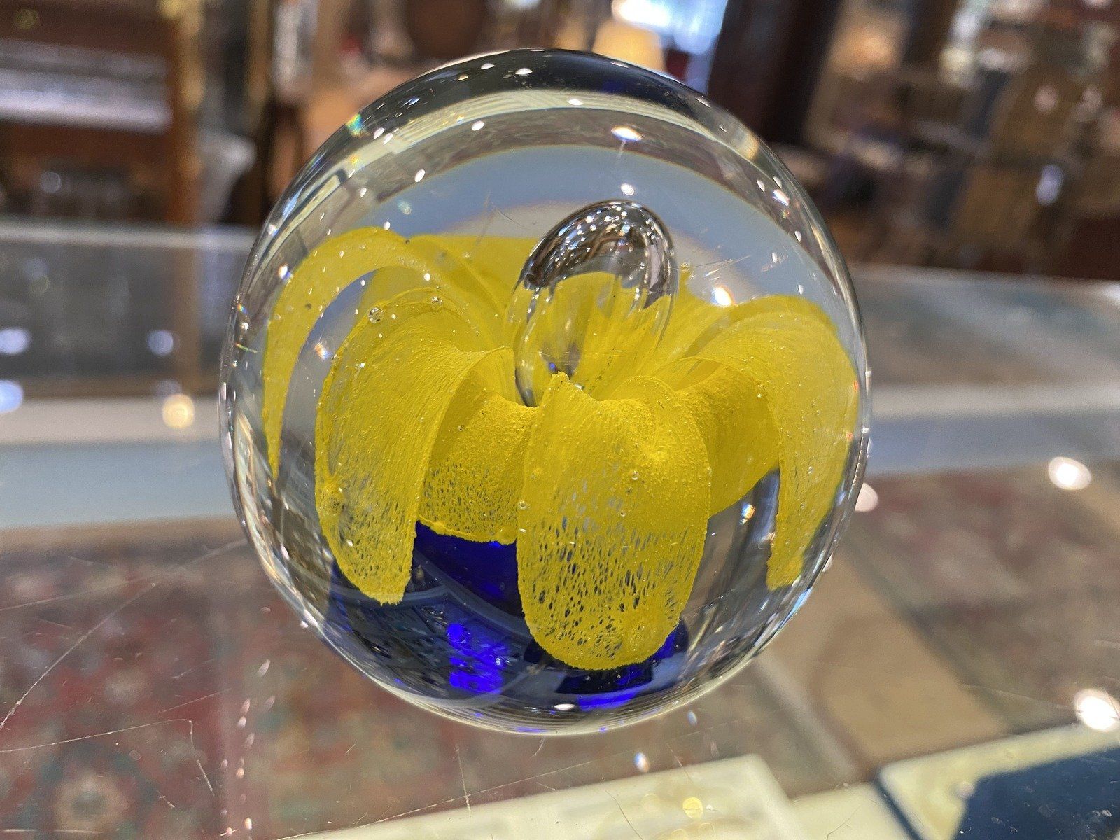 Glass Paperweight Blue with Yellow Flower 2
